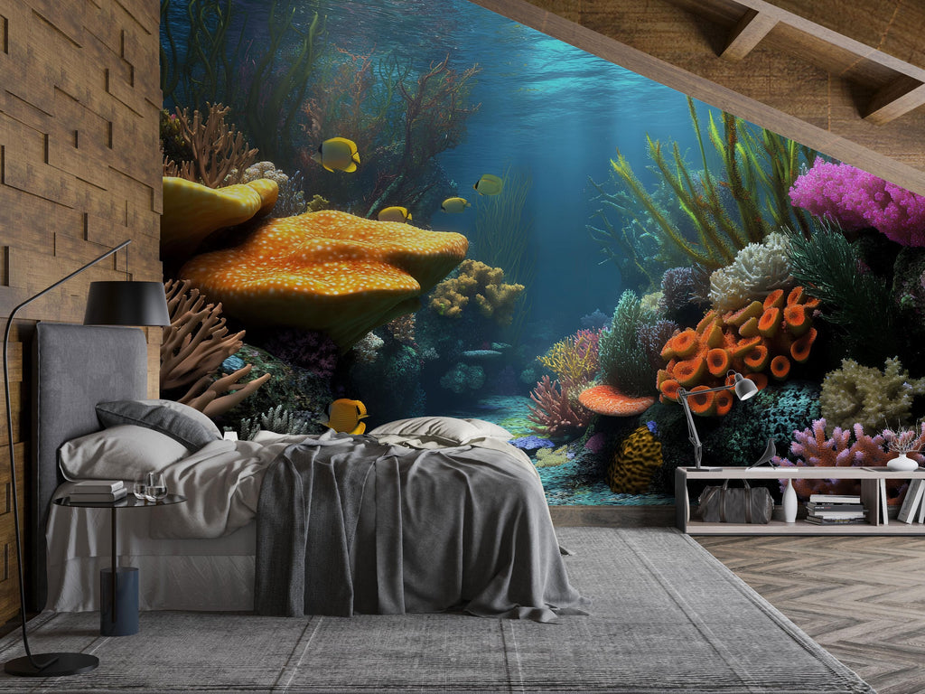 3D Underwater Coral Reef Wallpaper For Beach House Bedroom | Ocean Scene Mural With Colorful Sea Life | Tropical Nautical Wall Art