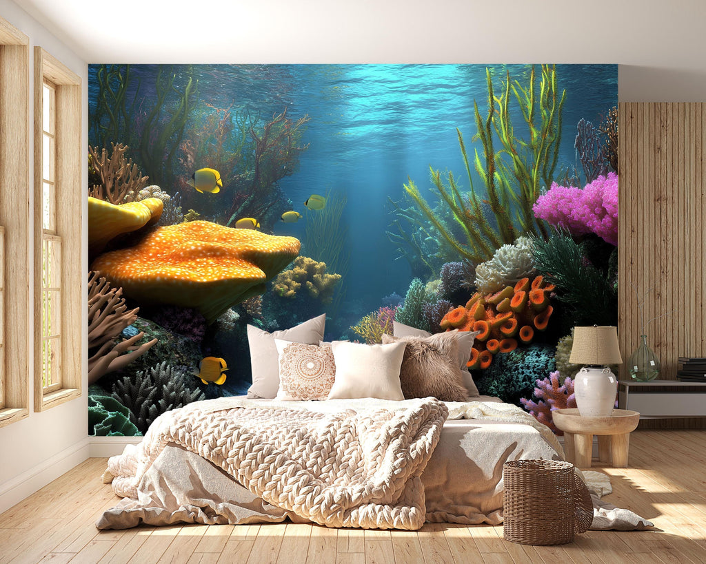 3D Underwater Coral Reef Wallpaper For Beach House Bedroom | Ocean Scene Mural With Colorful Sea Life | Tropical Nautical Wall Art