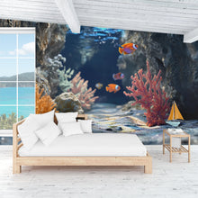 Load image into Gallery viewer, 3D Coral Reef Cave Wallpaper For Beach House Bedroom | Underwater Ocean Fish Mural | Tropical Nautical Wall Art | Stylish Coastal Decor