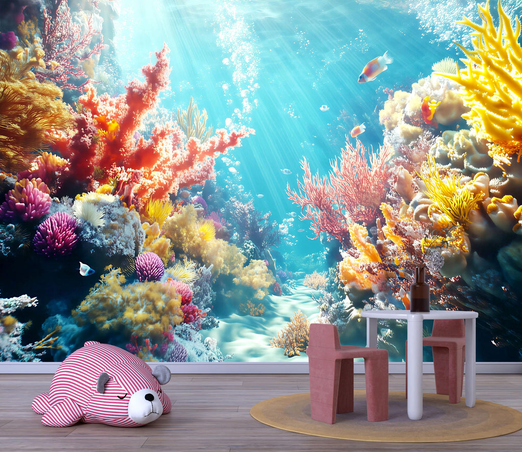 3D Colorful Coral Reef Ocean Wallpaper | Underwater Wall Mural For Beach House Decor | Vibrant Coastal Nautical Room Wall Art