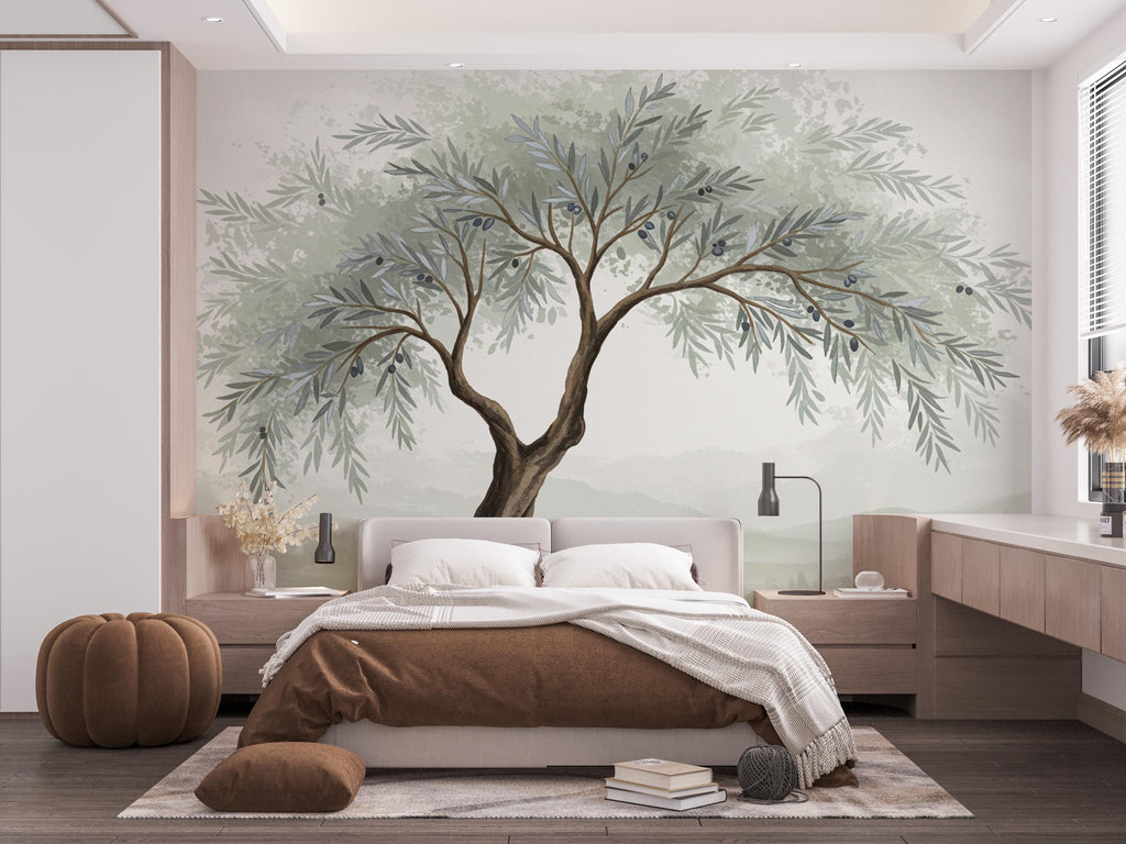 Watercolor Olive Tree Mural Wallpaper – Elegant Hand-Painted Botanical Wall Art, Tranquil Nature-Inspired Wall Décor for Bedroom Spa 824RS
