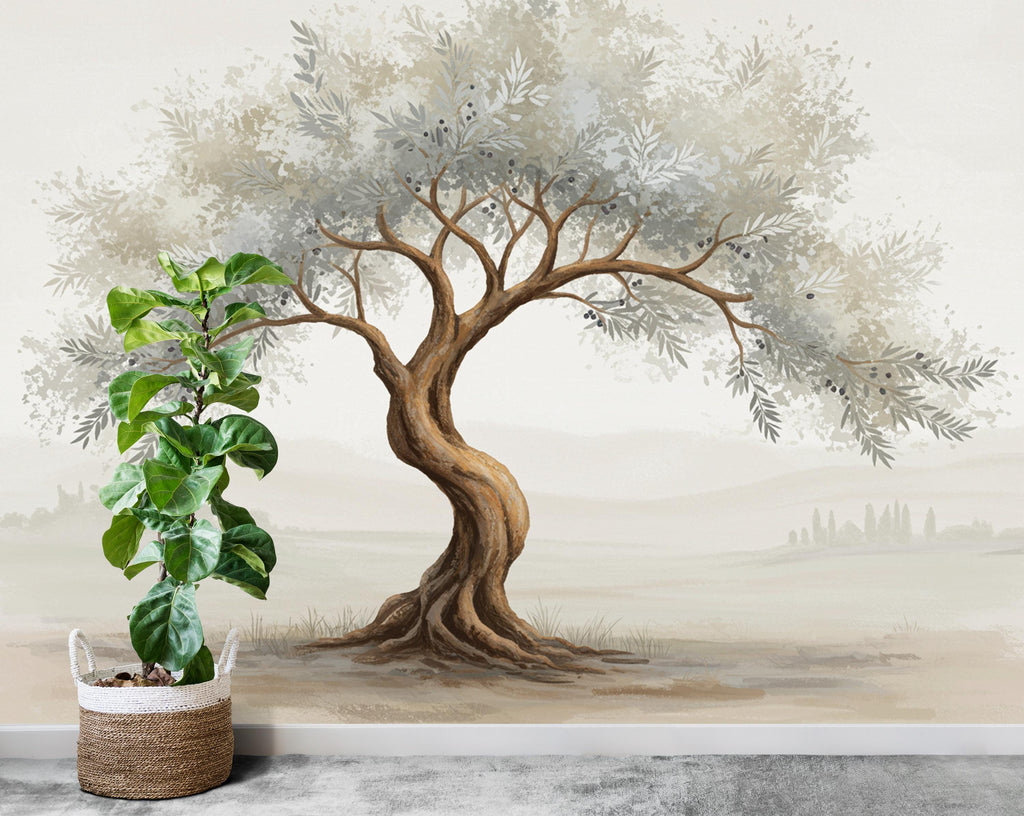 Watercolor Olive Tree Mural Wallpaper – Elegant Hand-Painted Botanical Wall Art, Tranquil Nature-Inspired Wall Décor for Bedroom Spa 825RS