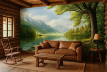 Load image into Gallery viewer, 3D Lake And Mountain Forest Wallpaper | Scenic Nature Wall Mural For Cabin Or Rustic Living Room | Tranquil Landscape Art | Woodland Retreat