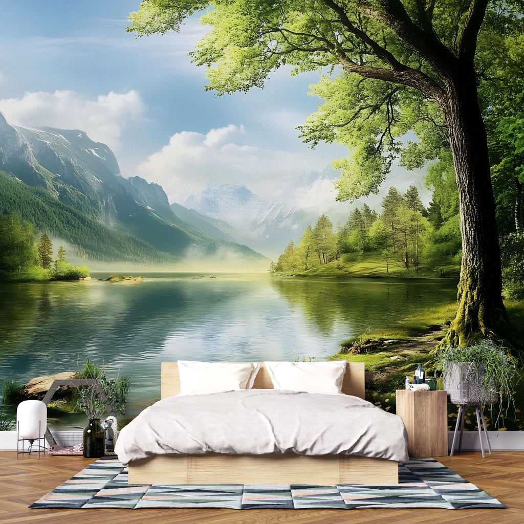 3D Lake And Mountain Forest Wallpaper | Scenic Nature Wall Mural For Cabin Or Rustic Living Room | Tranquil Landscape Art | Woodland Retreat