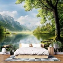 Load image into Gallery viewer, 3D Lake And Mountain Forest Wallpaper | Scenic Nature Wall Mural For Cabin Or Rustic Living Room | Tranquil Landscape Art | Woodland Retreat