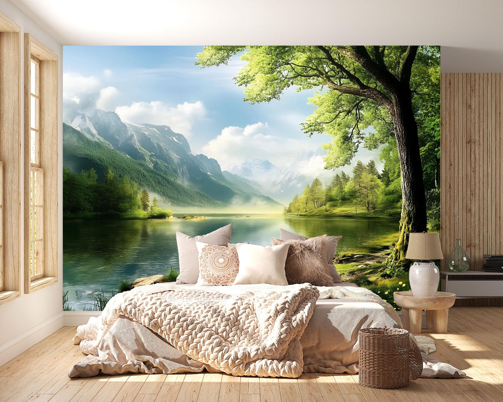 3D Lake And Mountain Forest Wallpaper | Scenic Nature Wall Mural For Cabin Or Rustic Living Room | Tranquil Landscape Art | Woodland Retreat