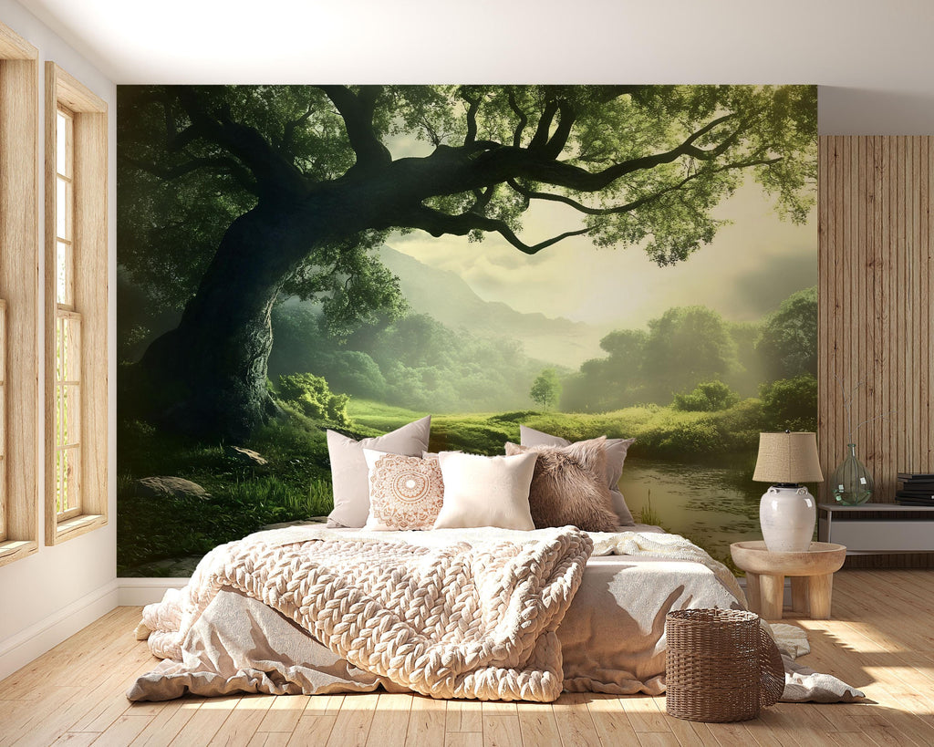 3D Enchanted Tree Forest Wallpaper | Lush Green Meadow Landscape Mural For Nature Inspired Decor | Serene Peaceful Room Wall Art