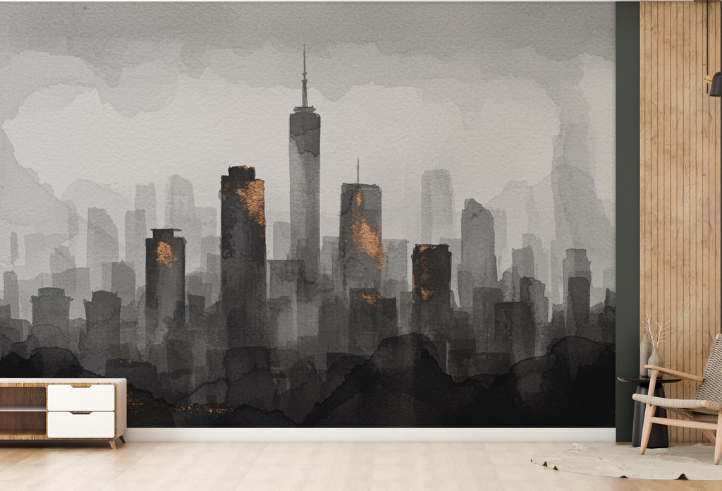 City Skyline Minimalist Wallpaper – Modern Watercolor Mural for Office or Loft Decor, Neutral Urban Landscape Print 827RS