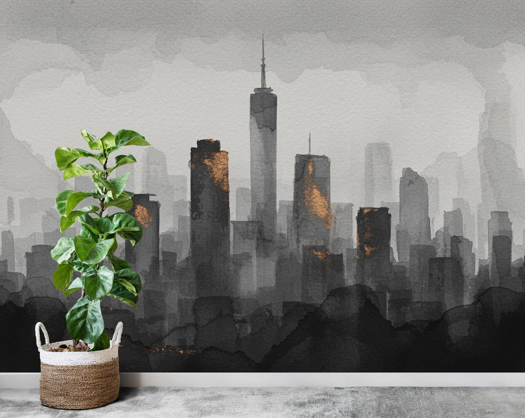 City Skyline Minimalist Wallpaper – Modern Watercolor Mural for Office or Loft Decor, Neutral Urban Landscape Print 827RS