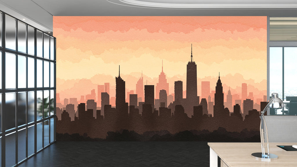 City Skyline Minimalist Wallpaper – Modern Watercolor Mural for Office or Loft Decor, Neutral Urban Landscape wall art 828RS
