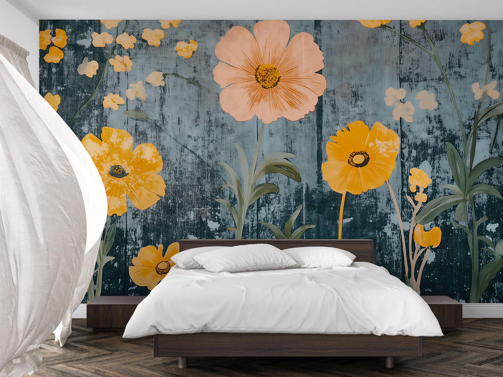 Bold Yellow Floral Wallpaper | 3D Wildflower Botanical Mural | Cottagecore Wall Art For Beach House, Rustic Room Or Gift | Modern Vintage
