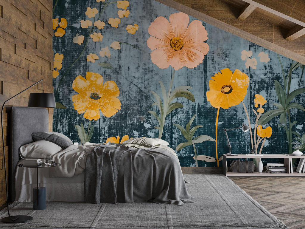 Bold Yellow Floral Wallpaper | 3D Wildflower Botanical Mural | Cottagecore Wall Art For Beach House, Rustic Room Or Gift | Modern Vintage