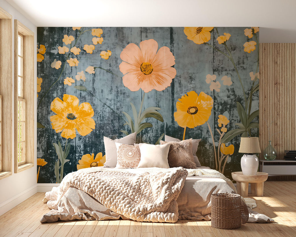 Bold Yellow Floral Wallpaper | 3D Wildflower Botanical Mural | Cottagecore Wall Art For Beach House, Rustic Room Or Gift | Modern Vintage