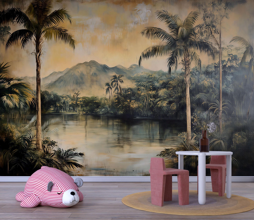 Vintage Tropical Landscape Wallpaper | 3D Palm Tree Mural Wall Art | Warm Jungle River Scene For Rustic Or Beach House | Island Style Nature