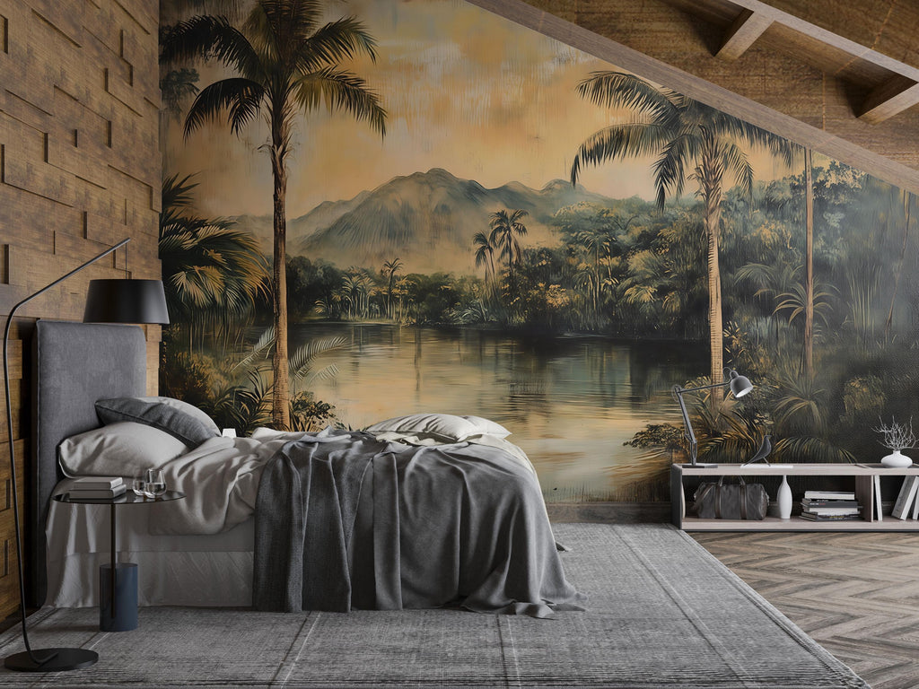 Vintage Tropical Landscape Wallpaper | 3D Palm Tree Mural Wall Art | Warm Jungle River Scene For Rustic Or Beach House | Island Style Nature
