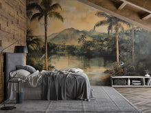 Load image into Gallery viewer, Vintage Tropical Landscape Wallpaper | 3D Palm Tree Mural Wall Art | Warm Jungle River Scene For Rustic Or Beach House | Island Style Nature