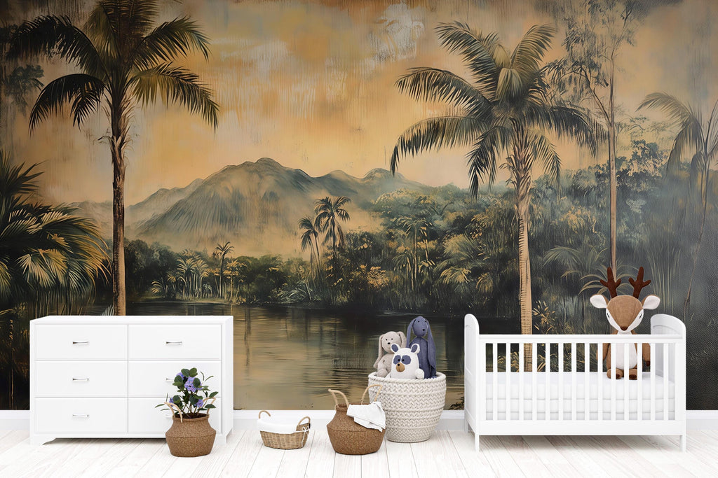 Vintage Tropical Landscape Wallpaper | 3D Palm Tree Mural Wall Art | Warm Jungle River Scene For Rustic Or Beach House | Island Style Nature