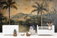 Load image into Gallery viewer, Vintage Tropical Landscape Wallpaper | 3D Palm Tree Mural Wall Art | Warm Jungle River Scene For Rustic Or Beach House | Island Style Nature