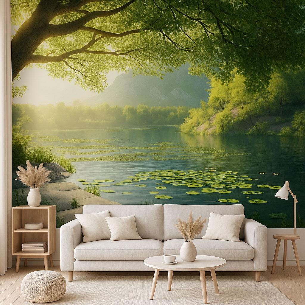 Lily Pond Wallpaper Mural | 3D Nature Lake Wall Art With Water Lilies | Serene Forest Bedroom Decor | Peaceful Green Landscape Wallpaper
