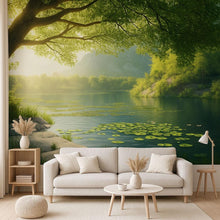 Load image into Gallery viewer, Lily Pond Wallpaper Mural | 3D Nature Lake Wall Art With Water Lilies | Serene Forest Bedroom Decor | Peaceful Green Landscape Wallpaper