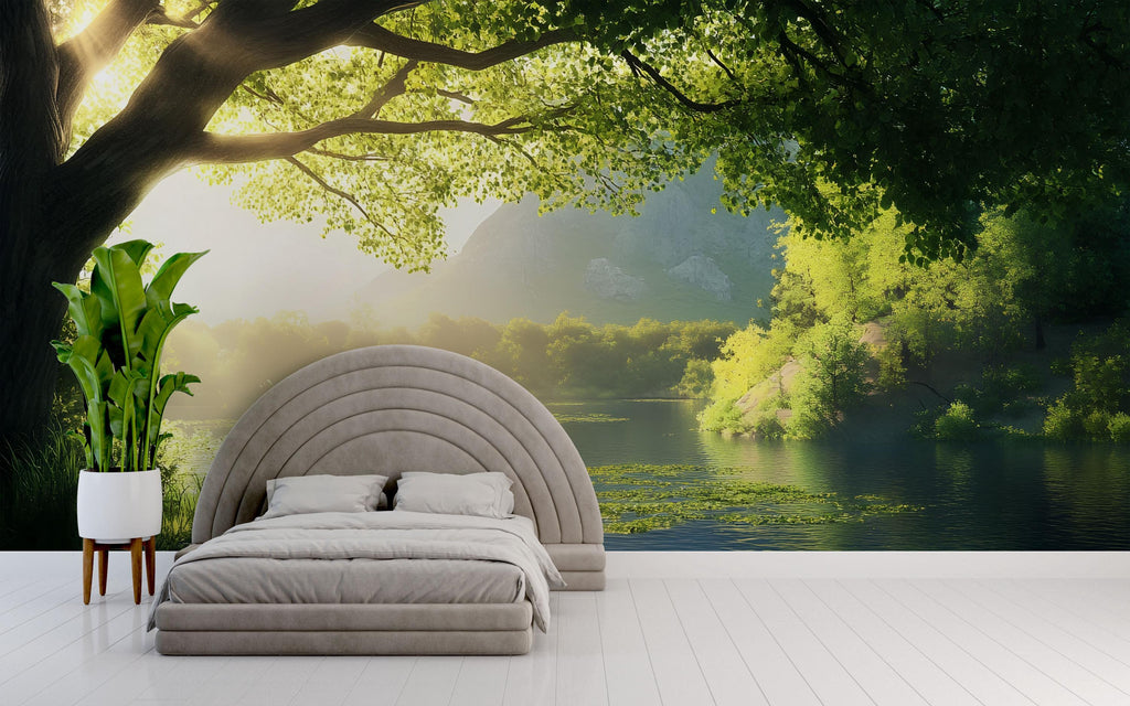 Lily Pond Wallpaper Mural | 3D Nature Lake Wall Art With Water Lilies | Serene Forest Bedroom Decor | Peaceful Green Landscape Wallpaper