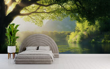 Load image into Gallery viewer, Lily Pond Wallpaper Mural | 3D Nature Lake Wall Art With Water Lilies | Serene Forest Bedroom Decor | Peaceful Green Landscape Wallpaper