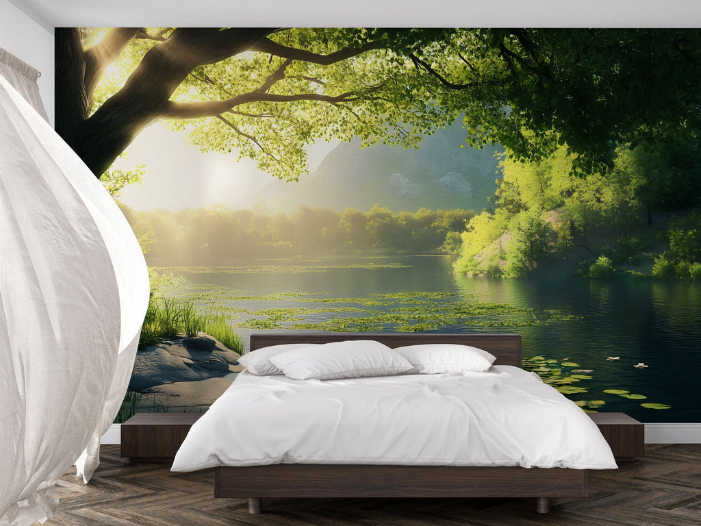 Lily Pond Wallpaper Mural | 3D Nature Lake Wall Art With Water Lilies | Serene Forest Bedroom Decor | Peaceful Green Landscape Wallpaper