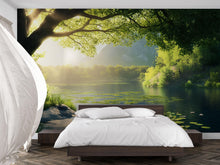 Load image into Gallery viewer, Lily Pond Wallpaper Mural | 3D Nature Lake Wall Art With Water Lilies | Serene Forest Bedroom Decor | Peaceful Green Landscape Wallpaper