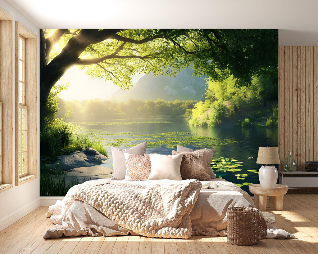 Lily Pond Wallpaper Mural | 3D Nature Lake Wall Art With Water Lilies | Serene Forest Bedroom Decor | Peaceful Green Landscape Wallpaper