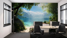 Load image into Gallery viewer, Lake Dock Wallpaper Mural | 3D Scenic Beach View Wall Art | Blue Water Mountain Landscape Wallpaper | Coastal Home Wall Decor