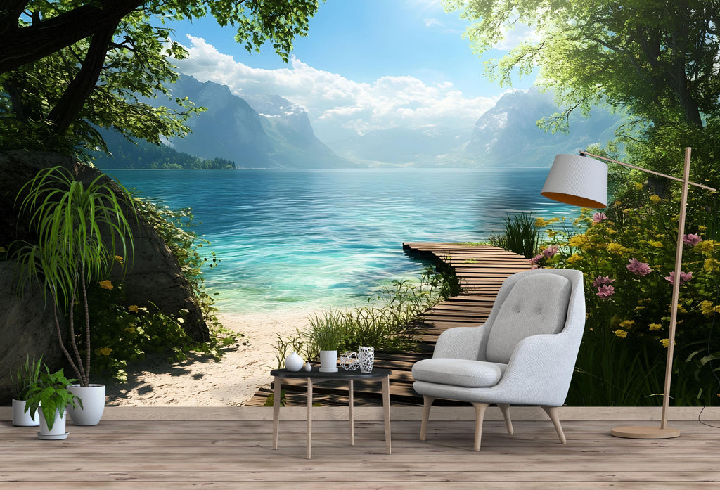 Lake Dock Wallpaper Mural | 3D Scenic Beach View Wall Art | Blue Water Mountain Landscape Wallpaper | Coastal Home Wall Decor