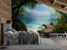 Load image into Gallery viewer, Lake Dock Wallpaper Mural | 3D Scenic Beach View Wall Art | Blue Water Mountain Landscape Wallpaper | Coastal Home Wall Decor