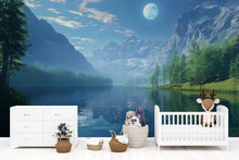 Load image into Gallery viewer, Moonlit Lake Wallpaper Mural | 3D Blue Mountain Landscape Wall Decor | Nature Scenic Wallpaper For Kids Room Or Beach House