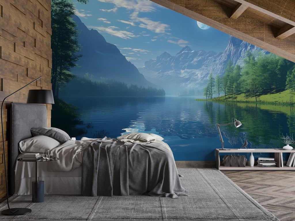 Moonlit Lake Wallpaper Mural | 3D Blue Mountain Landscape Wall Decor | Nature Scenic Wallpaper For Kids Room Or Beach House