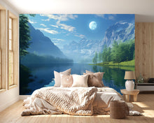 Load image into Gallery viewer, Moonlit Lake Wallpaper Mural | 3D Blue Mountain Landscape Wall Decor | Nature Scenic Wallpaper For Kids Room Or Beach House