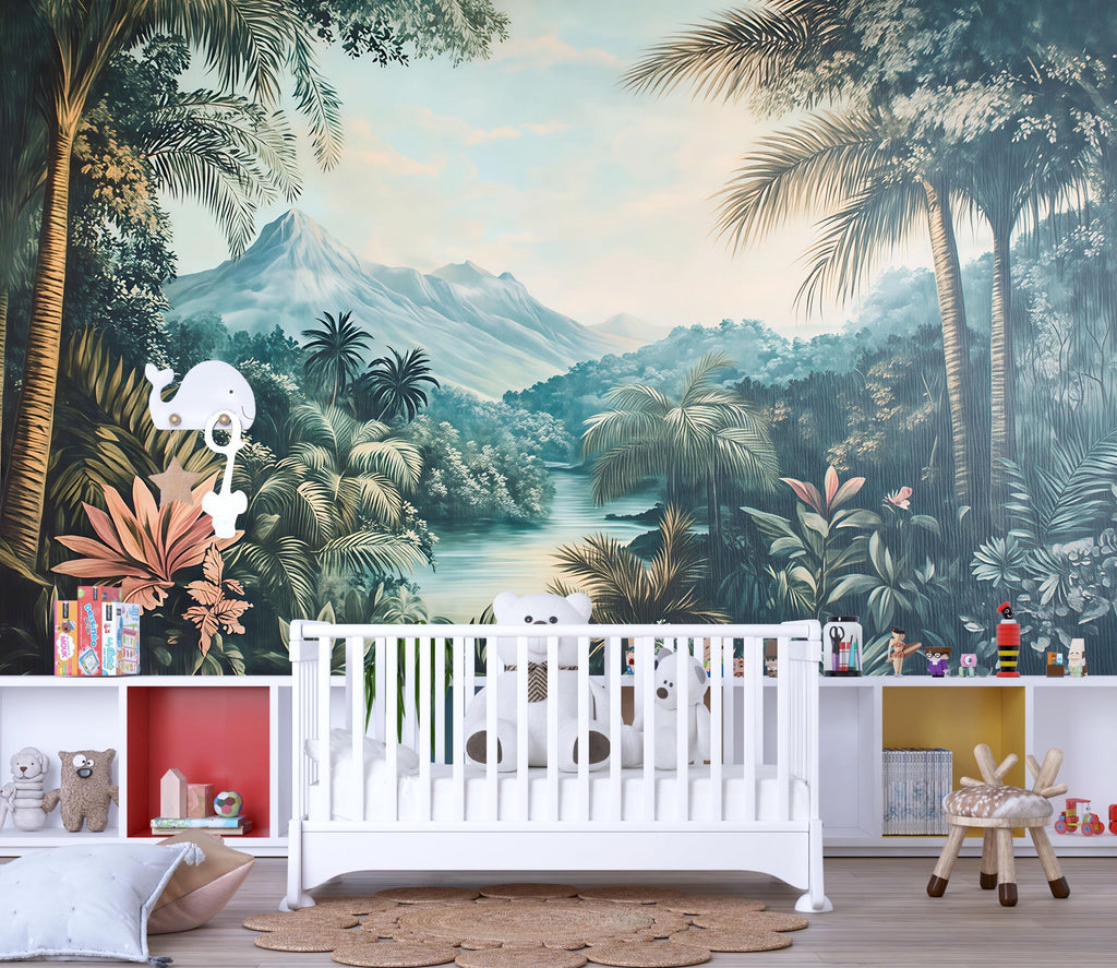 Tropical Jungle Wallpaper Mural For Kids Room | 3D Exotic Forest Wall Decor | Palm Leaf Beach House Wallpaper | Stylish Nature Mural Gift