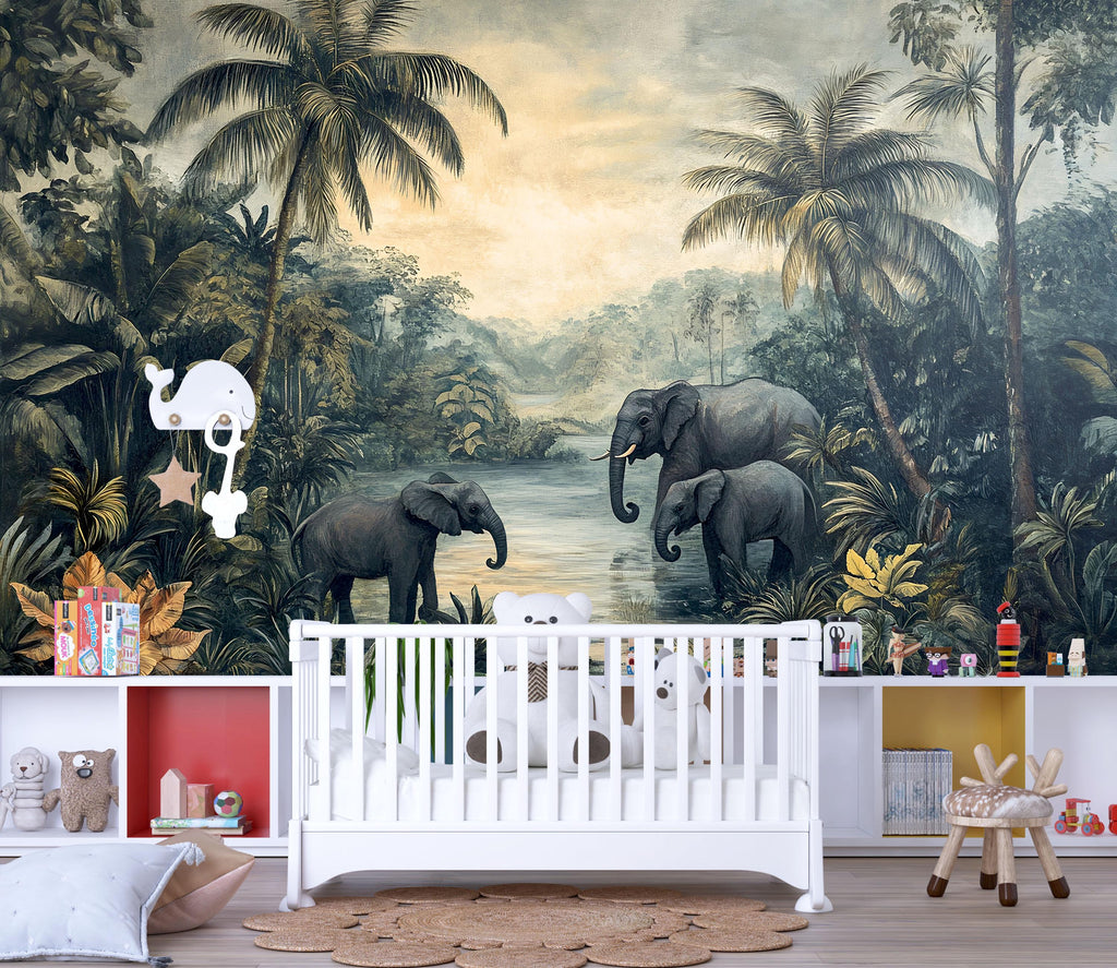 Safari Elephant Wallpaper Mural For Kids Room | Jungle Themed Nursery Wall Decor | 3D Tropical Forest Wallpaper | Stylish Wildlife Gift