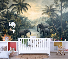 Load image into Gallery viewer, Safari Elephant Wallpaper Mural For Kids Room | Jungle Themed Nursery Wall Decor | 3D Tropical Forest Wallpaper | Stylish Wildlife Gift