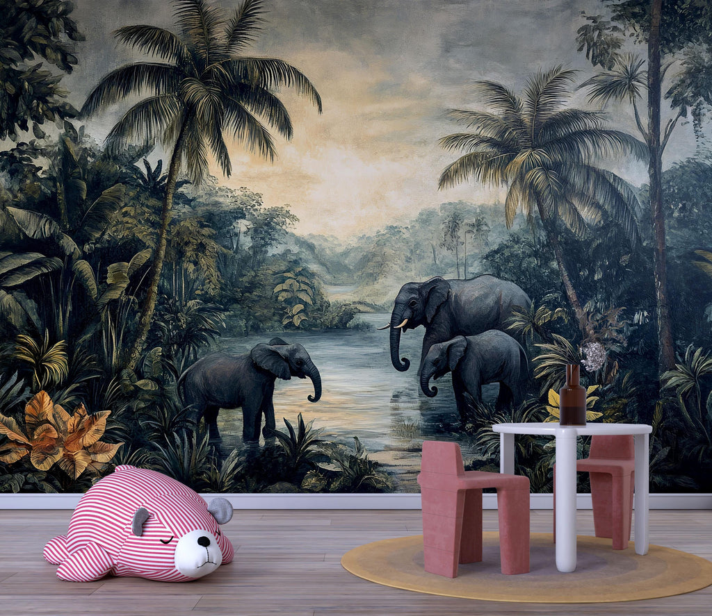 Safari Elephant Wallpaper Mural For Kids Room | Jungle Themed Nursery Wall Decor | 3D Tropical Forest Wallpaper | Stylish Wildlife Gift