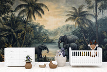 Load image into Gallery viewer, Safari Elephant Wallpaper Mural For Kids Room | Jungle Themed Nursery Wall Decor | 3D Tropical Forest Wallpaper | Stylish Wildlife Gift