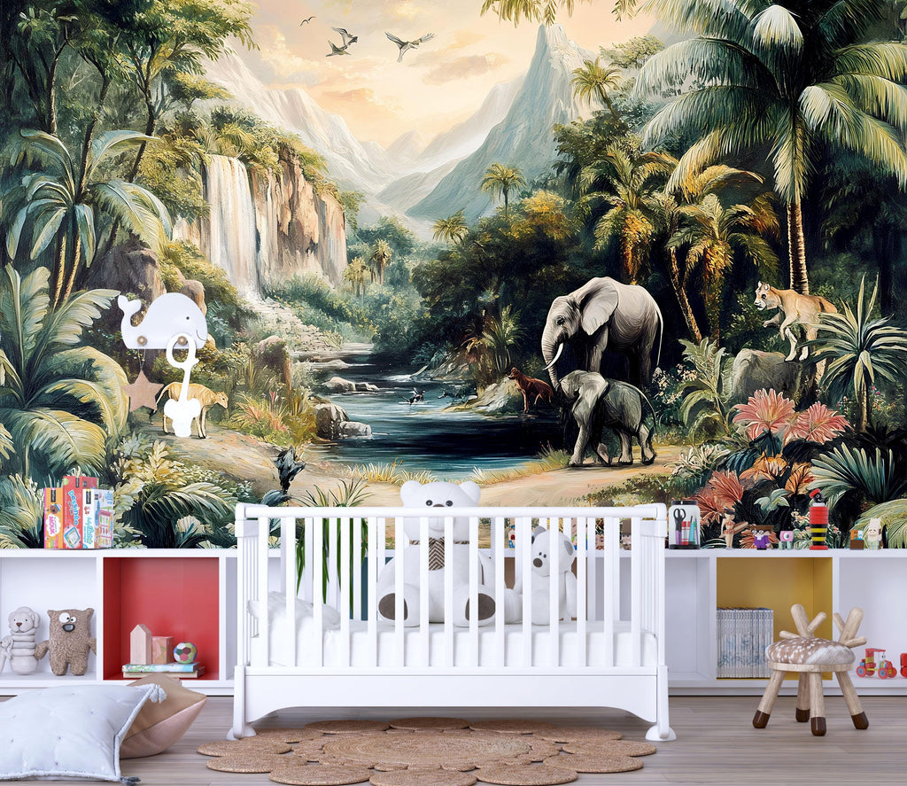 Jungle Safari Wallpaper Mural With Waterfall & Animals | Elephant and Wildlife Wall Art For Kids Room | Tropical 3D Forest Wallpaper