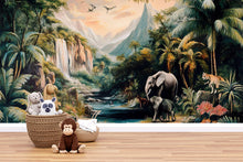 Load image into Gallery viewer, Jungle Safari Wallpaper Mural With Waterfall &amp; Animals | Elephant and Wildlife Wall Art For Kids Room | Tropical 3D Forest Wallpaper