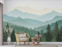 Load image into Gallery viewer, Mountain Wallpaper Peel and Stick Mountain Watercolor Wallpaper Mountain Wall Art Pine Tree Nature Wallpaper Blue Mountain Mural 831RS