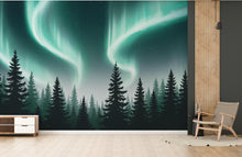 Load image into Gallery viewer, Northern Lights Wallpaper Peel and Stick Forest Watercolor Wallpaper Forest Wall Art Pine Tree Nature Wallpaper Blue Mountain Mural 832RS