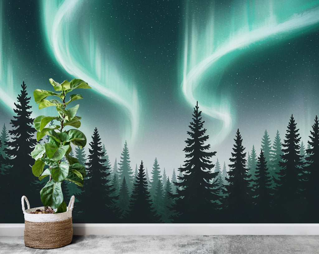 Northern Lights Wallpaper Peel and Stick Forest Watercolor Wallpaper Forest Wall Art Pine Tree Nature Wallpaper Blue Mountain Mural 832RS