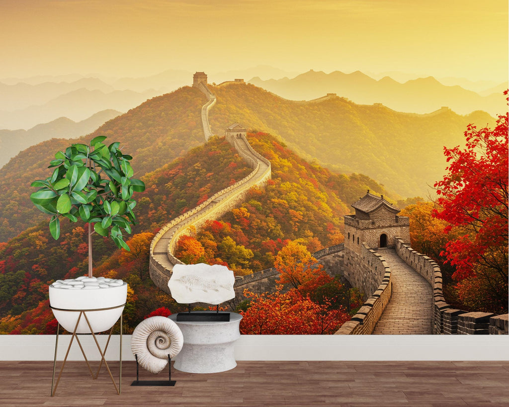 Great Wall of China Autumn Wallpaper | Crimson & Gold Forest Mural | Misty Mountains Silk Texture with Gold Foil | Shan Shui Wall Art 801RS