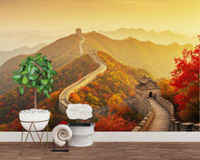 Load image into Gallery viewer, Great Wall of China Autumn Wallpaper | Crimson &amp; Gold Forest Mural | Misty Mountains Silk Texture with Gold Foil | Shan Shui Wall Art 801RS