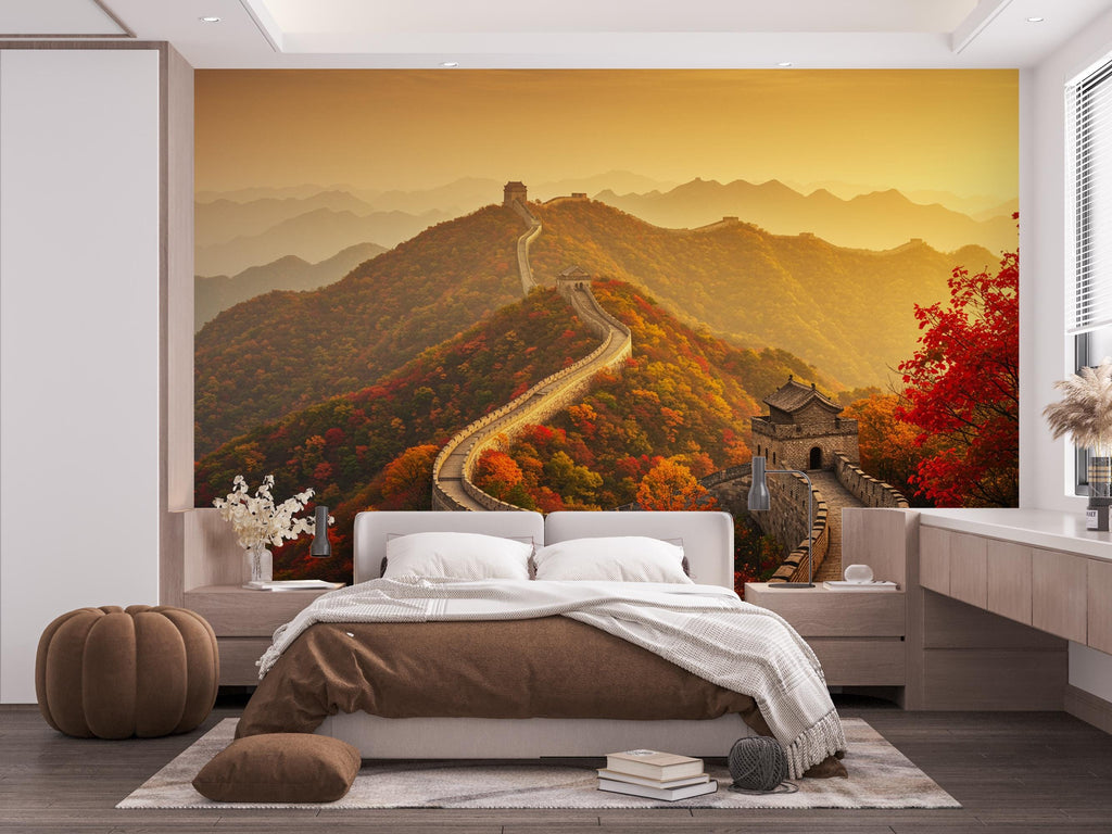 Great Wall of China Autumn Wallpaper | Crimson & Gold Forest Mural | Misty Mountains Silk Texture with Gold Foil | Shan Shui Wall Art 801RS