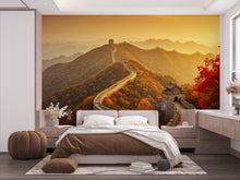 Load image into Gallery viewer, Great Wall of China Autumn Wallpaper | Crimson &amp; Gold Forest Mural | Misty Mountains Silk Texture with Gold Foil | Shan Shui Wall Art 801RS