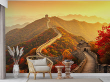 Load image into Gallery viewer, Great Wall of China Autumn Wallpaper | Crimson &amp; Gold Forest Mural | Misty Mountains Silk Texture with Gold Foil | Shan Shui Wall Art 801RS